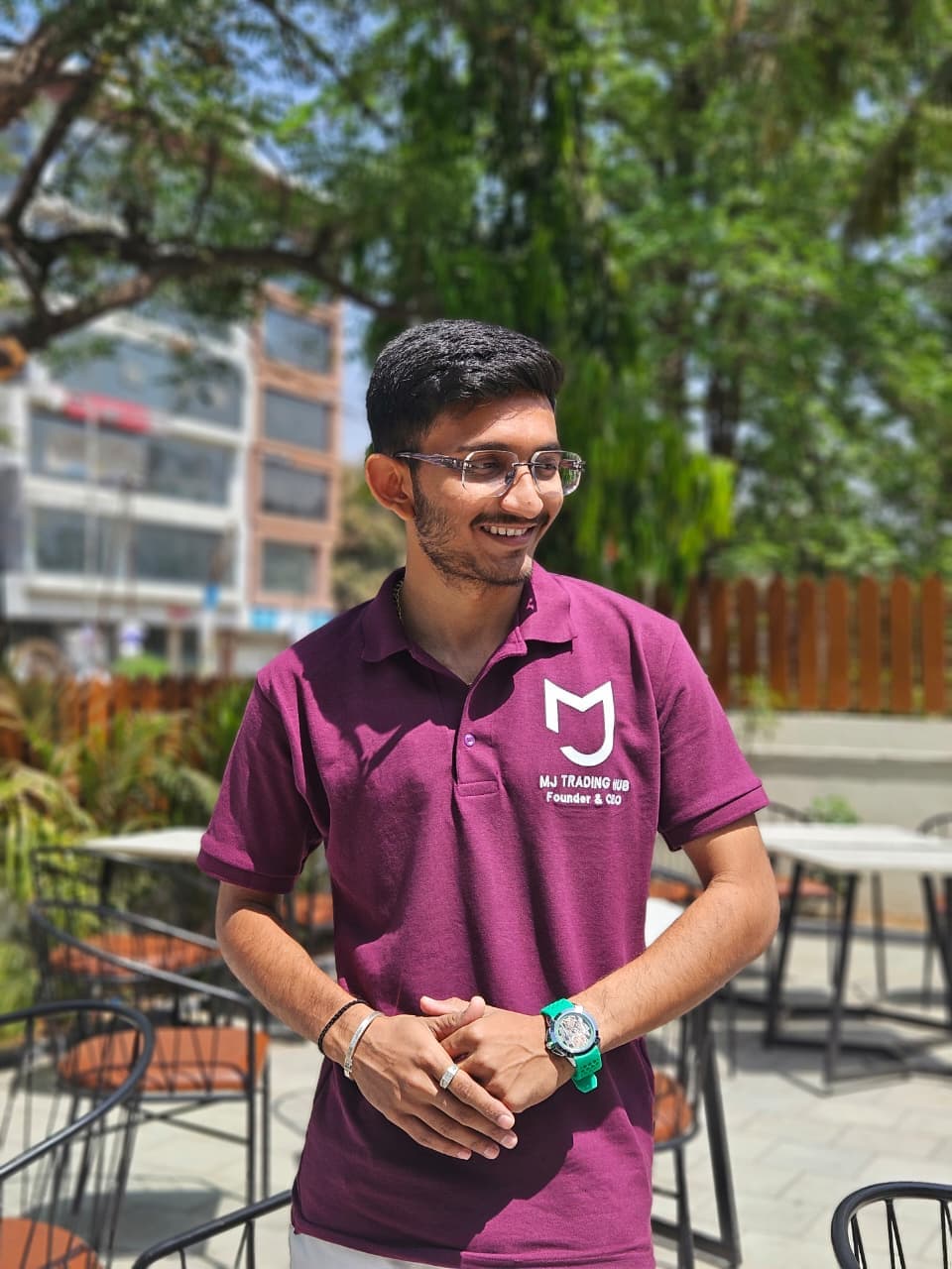 Manav Joshi wearing the MJ Trading Hub founder polo